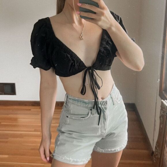 Princess Polly Puff Sleeve Tie Front Crop Top Size 8 - Picture 1 of 8